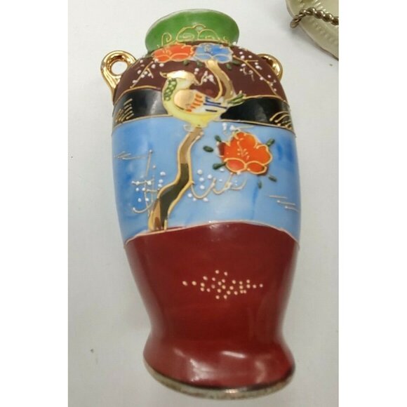Hand Painted Moriage Miniature Two Handled Jug Bird & Floral Japan 5" - Picture 8 of 11